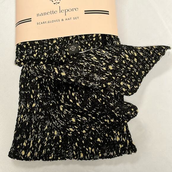 Nanette Lepore Scarf Gloves Hat Set of 3 Pieces Black Gold Silver Metallic - Picture 3 of 7